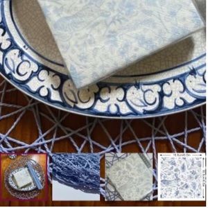 New China Blue Placemat & Napkin Set; 6 Placemats; 40 Napkins & 4 Candle Tapers